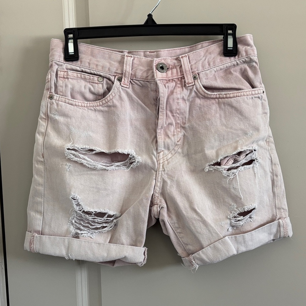 H&M Ripped Rolled-Hem Pink Denim Shorts